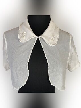 April Cornell Cream Cropped Beaded Embroidered Semi Sheer Collar Capelet Jacket